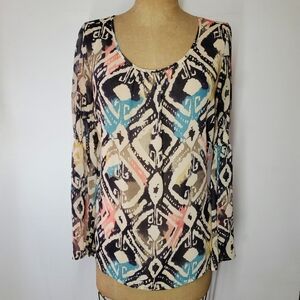 Blu Pepper Size L Blouse Long Bell Sleeve Ikat Pink Blue Black Sheer Chiffon